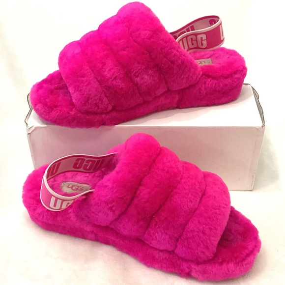 UGG FLUFF YEAH LAMB FUR HOT PINK SLING BACK PEEP TOE SLIPPERS SZ 7 - Picture 4 of 14